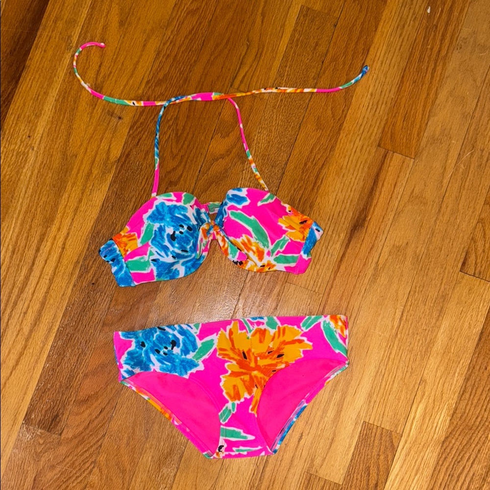 Aerie Pink and Blue floral Bikini Swim Set (34a / small bottoms)